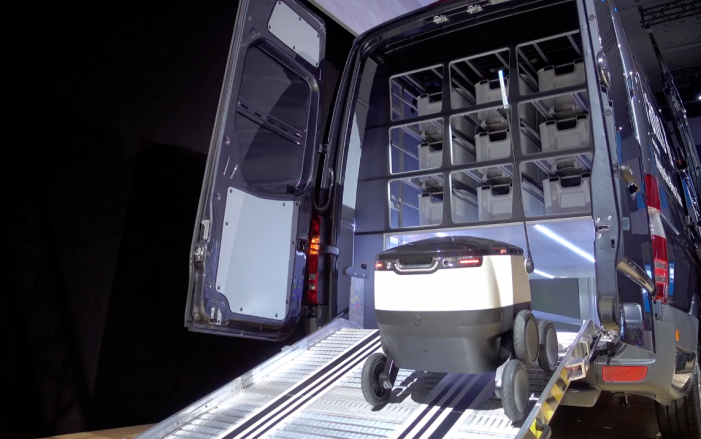 Integrating self-driving robots with delivery vans to provide local delivery